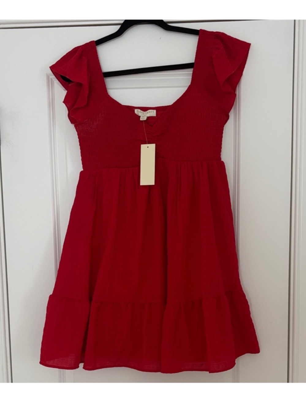 Smocked Red Mini Dress with Flutter Sleeves